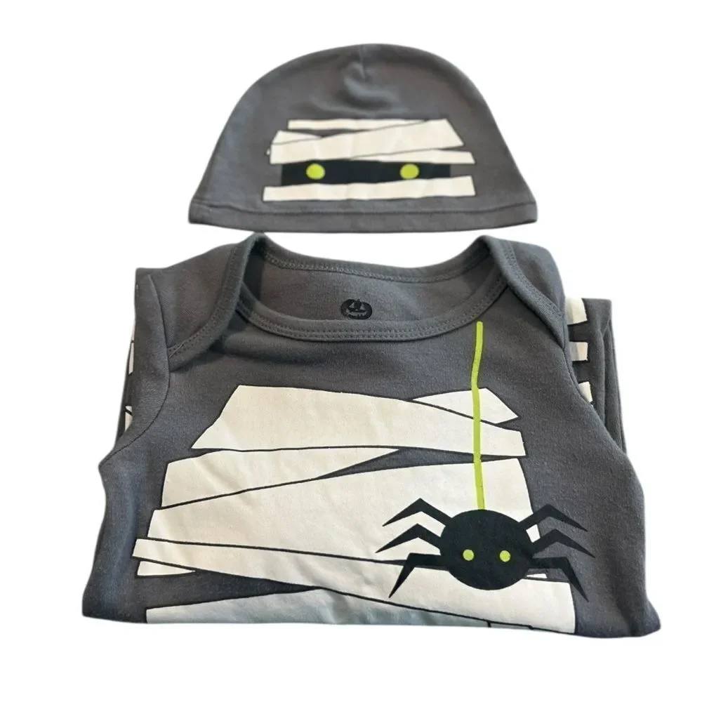 Baby Mummy Halloween Romper Bodysuit – Long Sleeve One-Piece w/ Spider Print 6-9